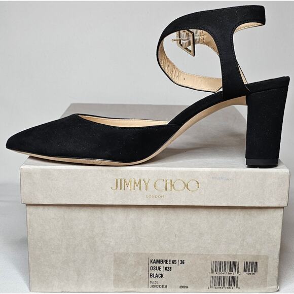 Jimmy Choo Black Suede Block Heels Ankle Strap Pointed Toe Shoes - Picture 8 of 15